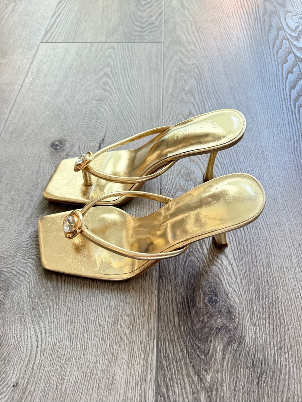 billini mazie gold metallic gem embellished toe strap slip on high heels shoes 6